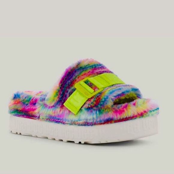 UGG Slippers NEW Fluffita Fur Platform Rainbow Pixelate Flatform Multicolor 6 - Picture 8 of 8